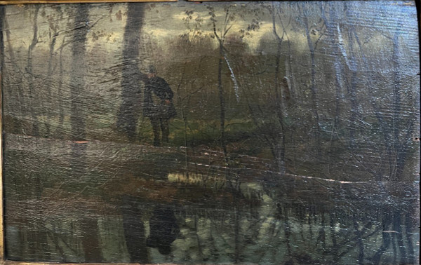 Scuola francese del XIX secolo - Barbizon - Guardia campestre e riflesso nell'acqua