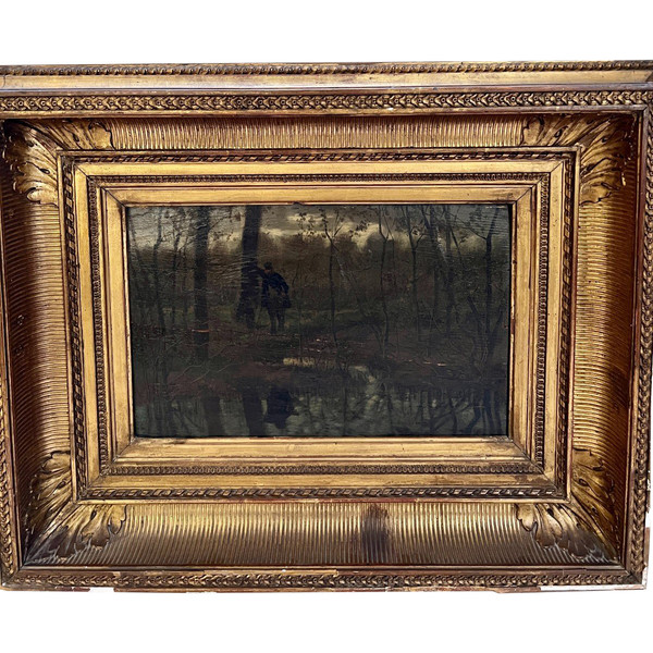 Scuola francese del XIX secolo - Barbizon - Guardia campestre e riflesso nell'acqua