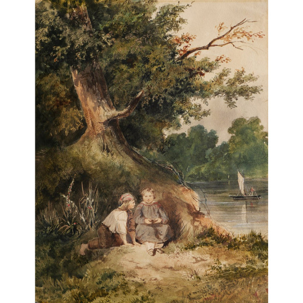 Romantica scuola FRANCESE, circa 1830 - 1840, Due bambini da un fiume