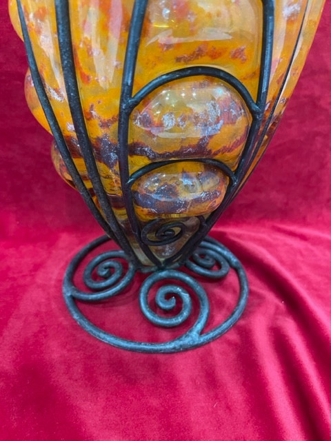Vase pâte de verre Art déco 1930 fer forgé Lorrain