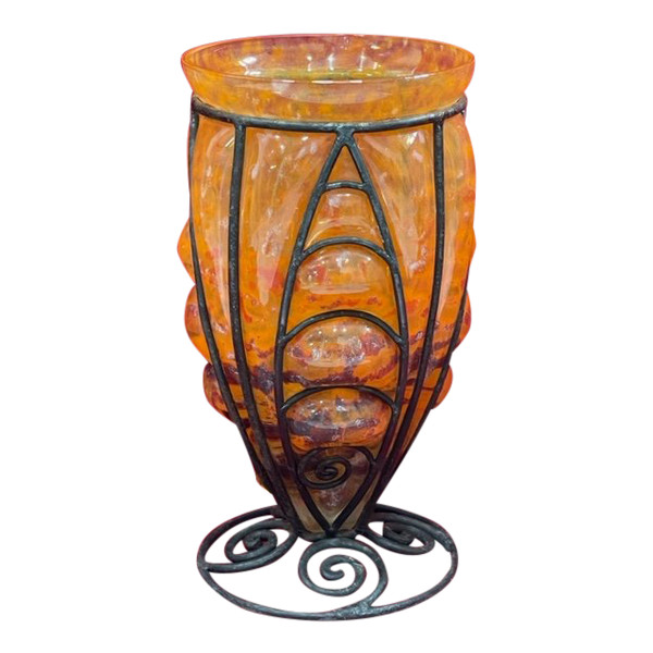 Vase pâte de verre Art déco 1930 fer forgé Lorrain