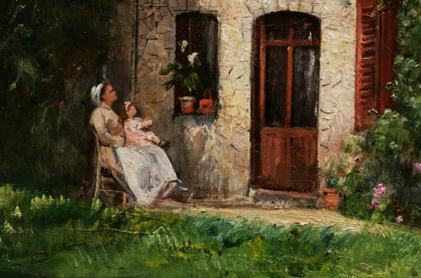 Scuola FRANCESE della fine del XIX secolo, Donna, bambinaia e bambino davanti a una casa normanna