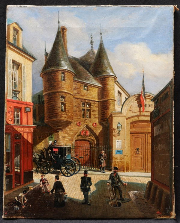 E. GIRSELS, Veduta animata di rue des Archives
