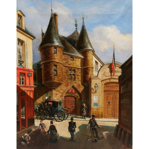 E. GIRSELS, Veduta animata di rue des Archives