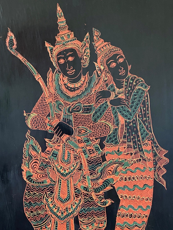 Burma, Mid-20th Century, Lacquer Panel Depicting A Dancer And A Musician.