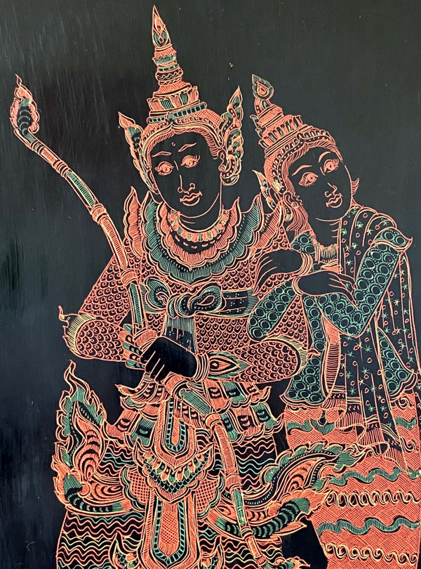 Burma, Mid-20th Century, Lacquer Panel Depicting A Dancer And A Musician.