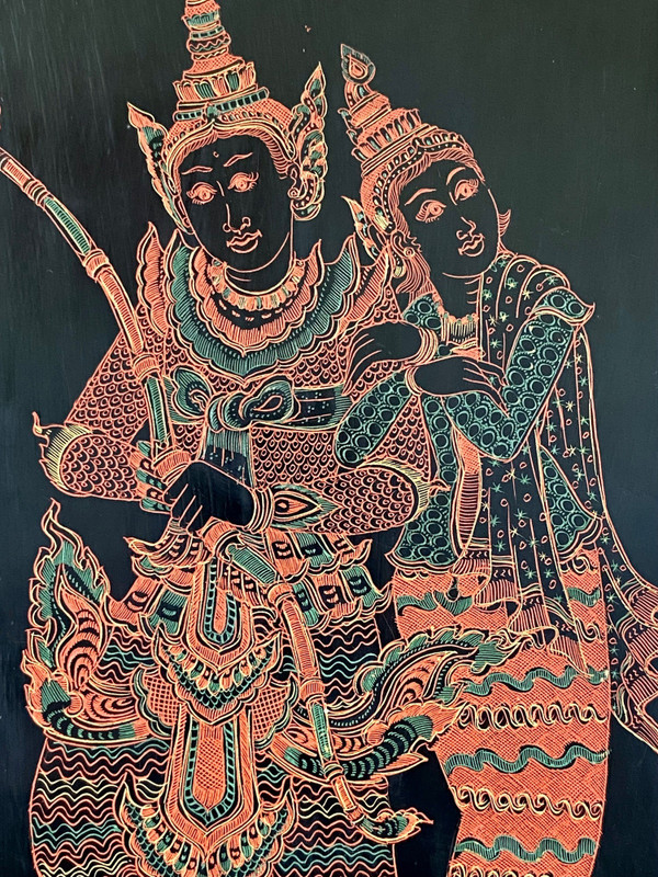 Burma, Mid-20th Century, Lacquer Panel Depicting A Dancer And A Musician.