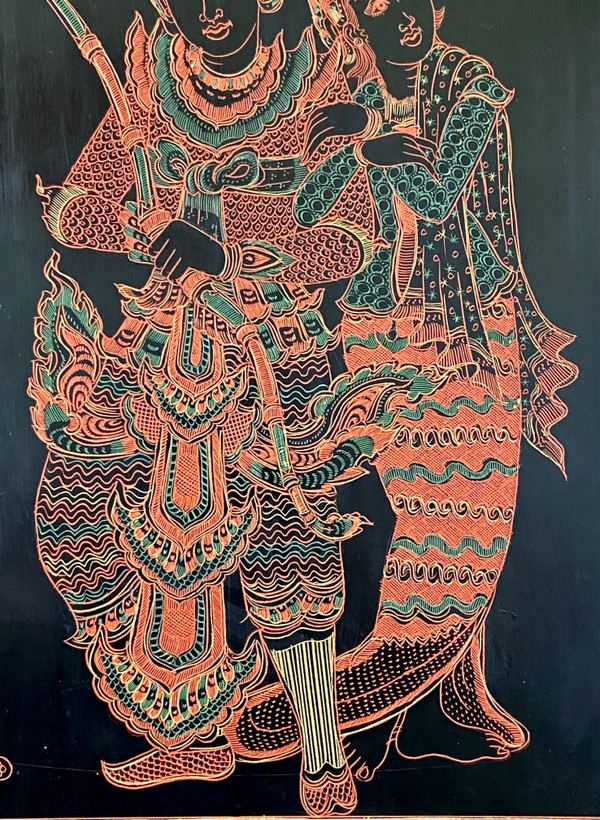 Burma, Mid-20th Century, Lacquer Panel Depicting A Dancer And A Musician.