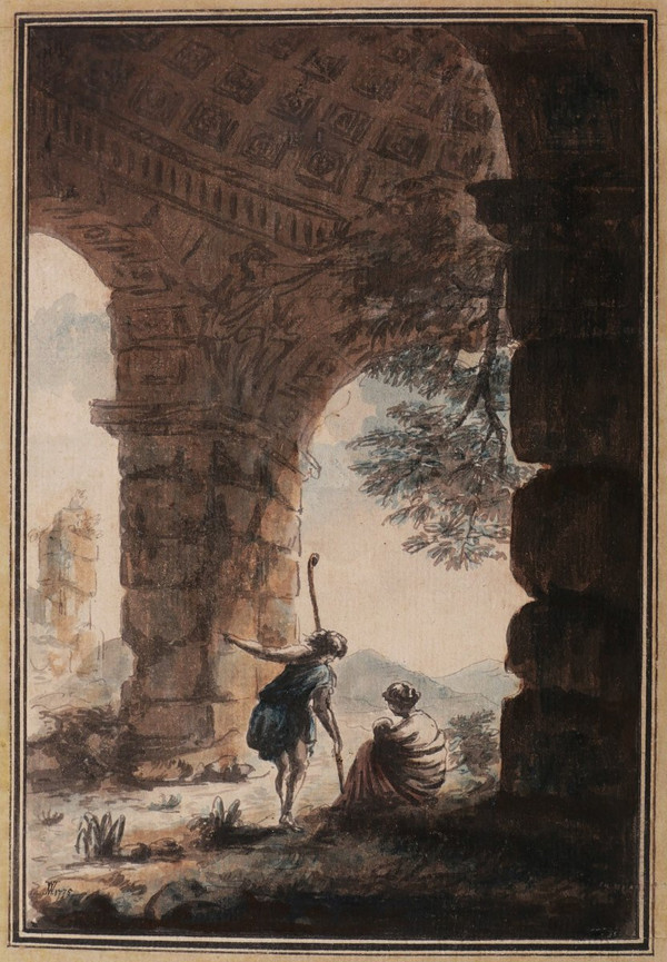 Neoclassical FRENCH school in 1775, Family of shepherds in an ancient ruin