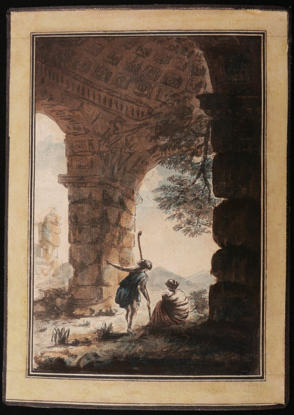 Neoclassical FRENCH school in 1775, Family of shepherds in an ancient ruin