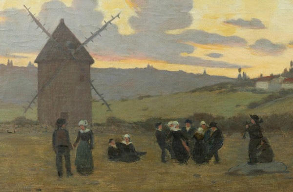 Scuola FRANCESE della seconda metà del XIX secolo, danza bretone al tramonto