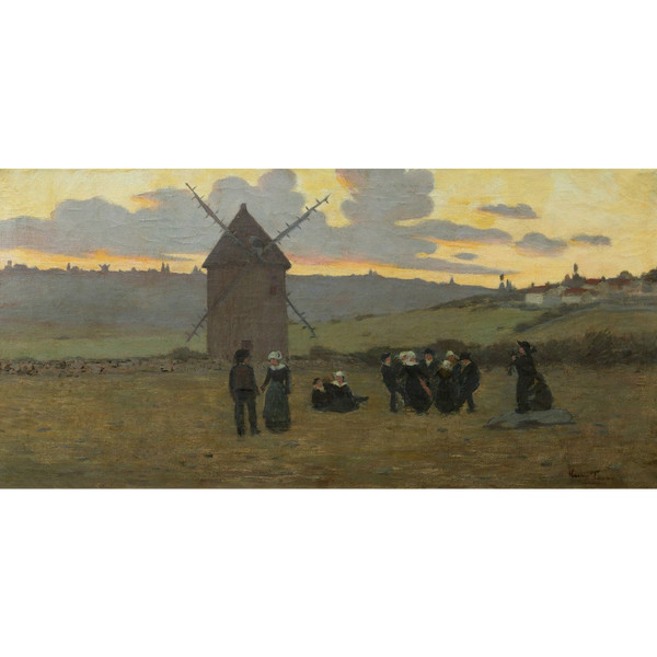Scuola FRANCESE della seconda metà del XIX secolo, danza bretone al tramonto