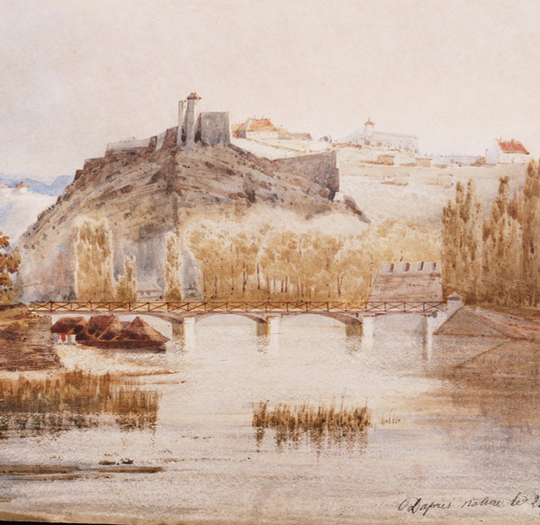Scuola FRANCESE nel 1843, Paesaggio con borgo fortificato affacciato su un fiume