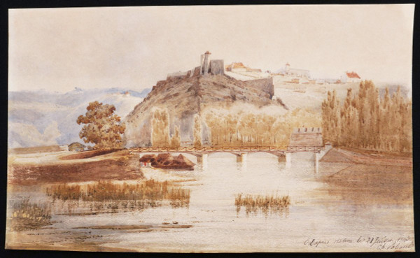 Scuola FRANCESE nel 1843, Paesaggio con borgo fortificato affacciato su un fiume