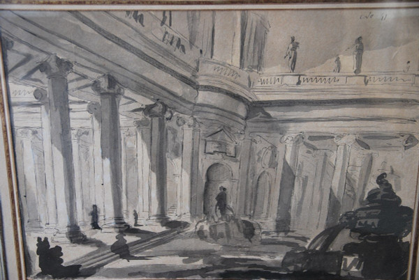 Architectural Drawing Of Palace And Fountain 18th Century Italy Follower Of Piranesi