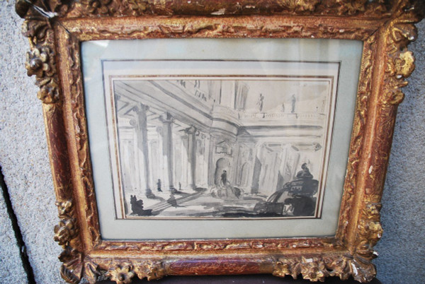 Architectural Drawing Of Palace And Fountain 18th Century Italy Follower Of Piranesi