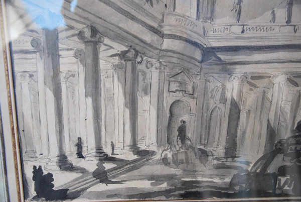 Architectural Drawing Of Palace And Fountain 18th Century Italy Follower Of Piranesi