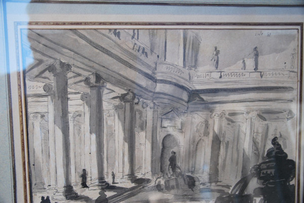 Architectural Drawing Of Palace And Fountain 18th Century Italy Follower Of Piranesi