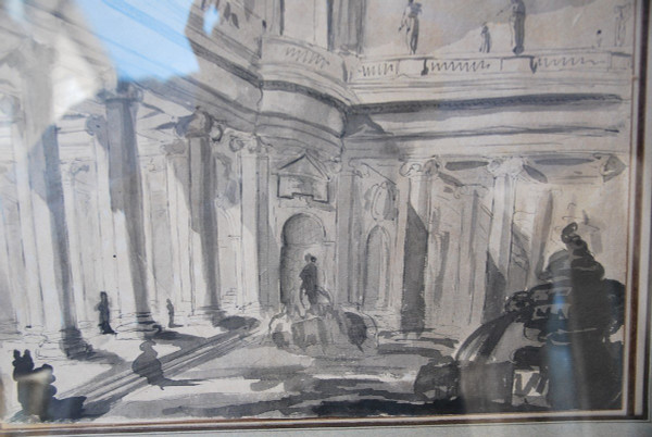 Architectural Drawing Of Palace And Fountain 18th Century Italy Follower Of Piranesi