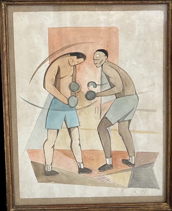 French School Of The 20th Century - Boxing Fight, 1929 - Pair Of Cubizing Watercolors