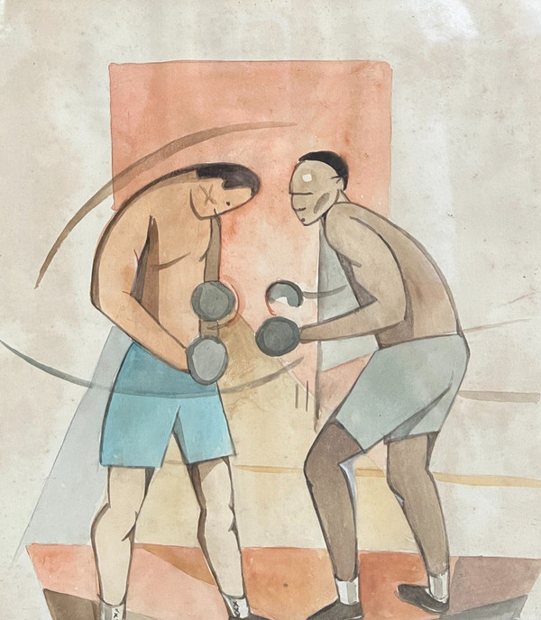 French School Of The 20th Century - Boxing Fight, 1929 - Pair Of Cubizing Watercolors