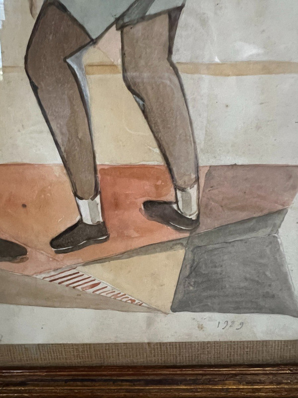 French School Of The 20th Century - Boxing Fight, 1929 - Pair Of Cubizing Watercolors