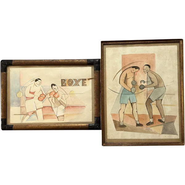French School Of The 20th Century - Boxing Fight, 1929 - Pair Of Cubizing Watercolors