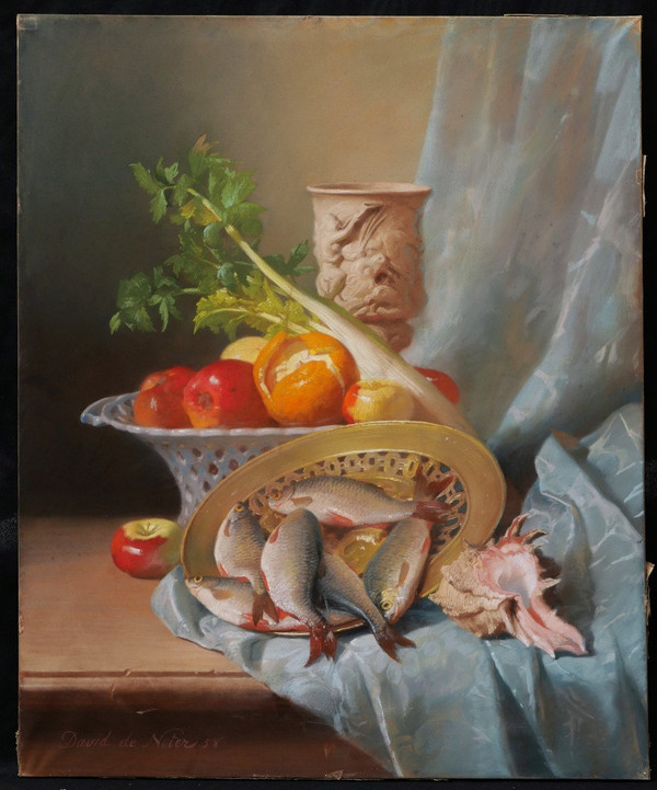 David de NOTER, Stillleben mit Obst, Gemüse, Fisch, Schnitt und Muscheln (Großformat)