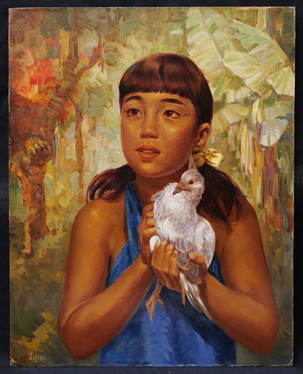 Ralph Burke TYREE, Jeune fille de Guam dans la jungle, tenant un oiseau