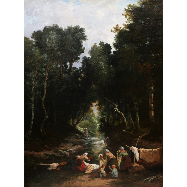 Louis BOULANGÉ, Landschaft mit Waschweibern im Wald von Fontainebleau (Großformat)