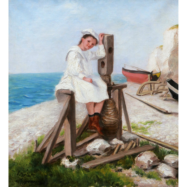 C. HENRIOL, Girl on a capstan at Étretat
