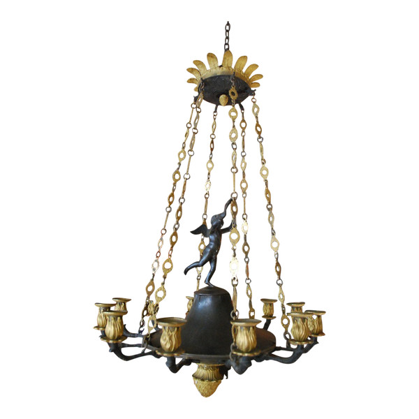 Kronleuchter aus dem 19. Jahrhundert, Restaurierungsstil, vergoldete und patinierte Bronze