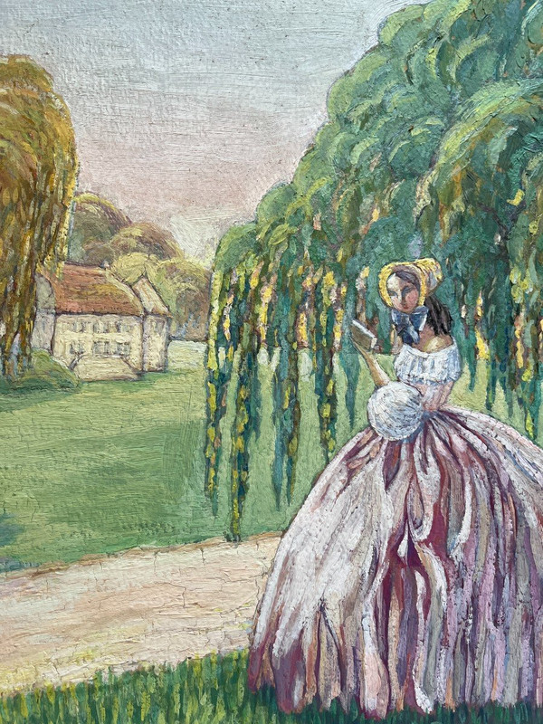 Ecole Française Art Déco - Elégante Au Jardin Et à La Lecture, Signé, Circa 1930