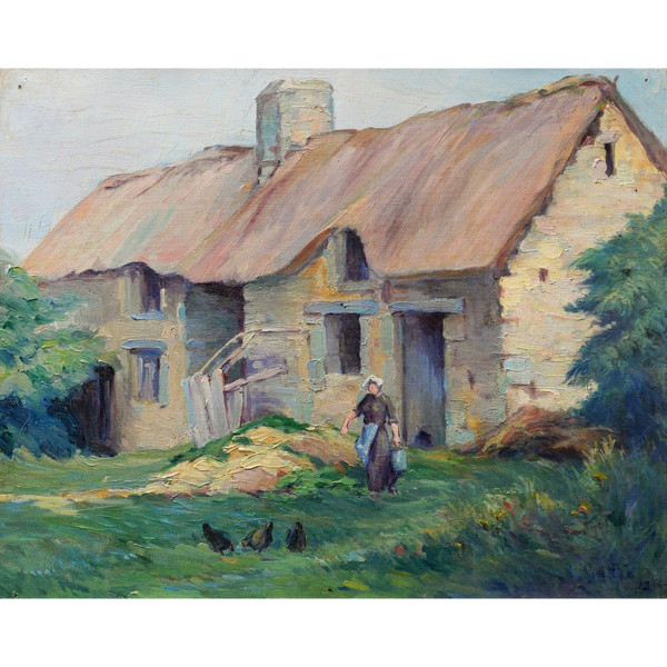 Laurent GALLIO, Bauernhof, Bäuerin und Hühner, Gemälde