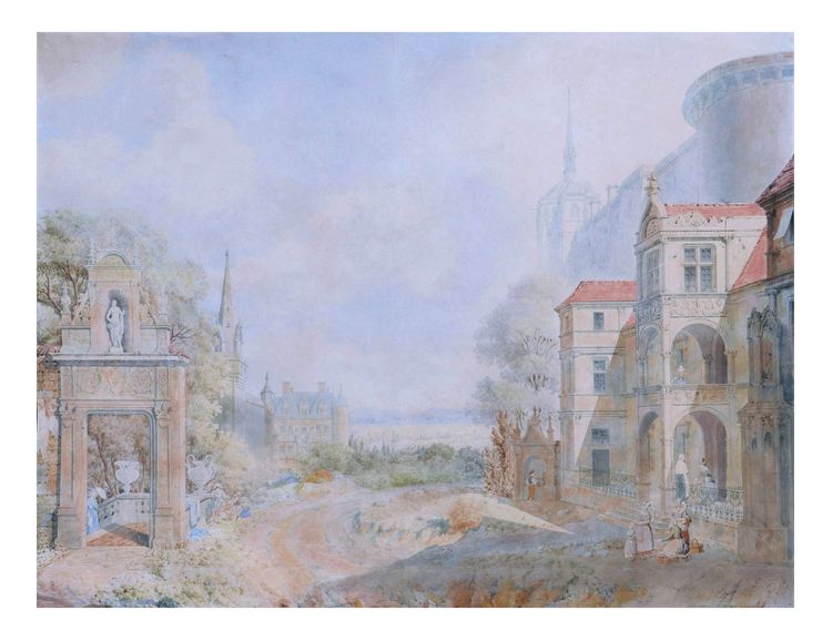 Attribué à Jean Lubin VAUZELLE, Personnages dans un paysage de monuments imaginaires