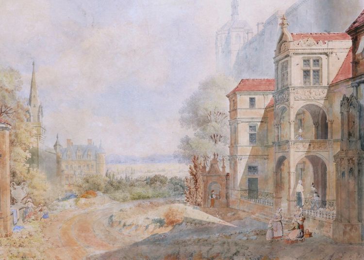 Attribuito a Jean Lubin VAUZELLE, Personaggi in un paesaggio di monumenti immaginari