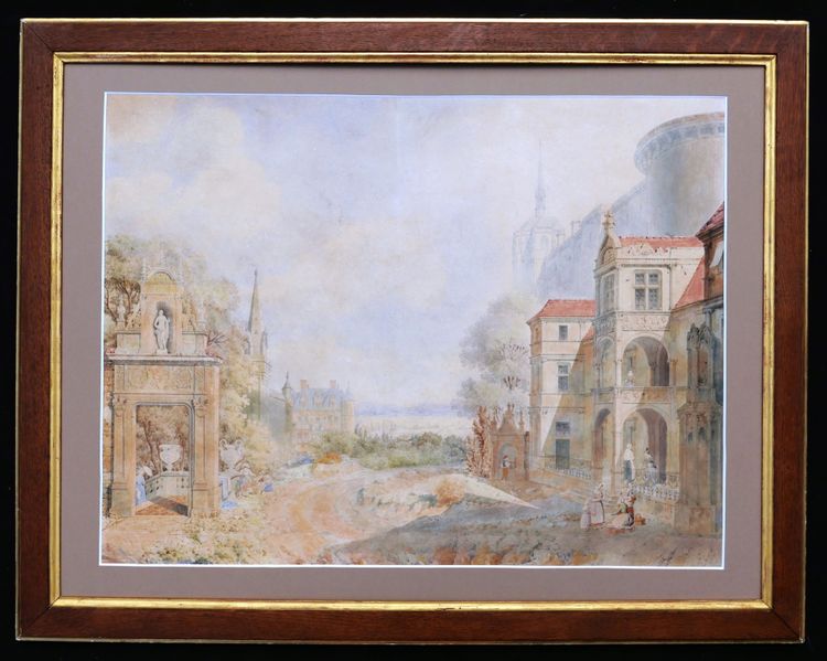 Attribuito a Jean Lubin VAUZELLE, Personaggi in un paesaggio di monumenti immaginari