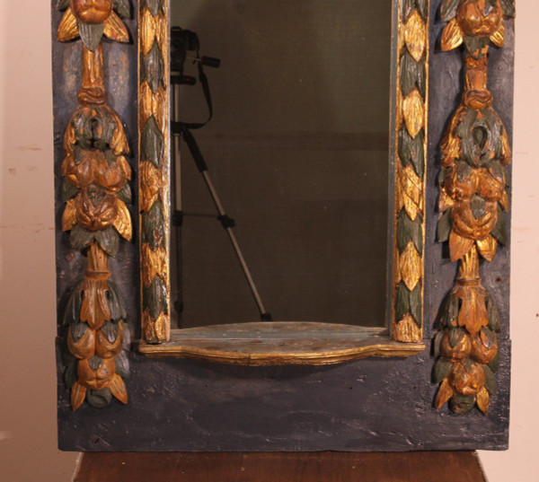 Grand Miroir Espagnole Du 17° Siècle En Bois Polychrome