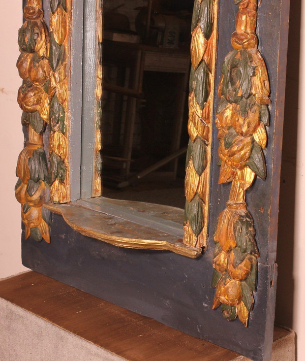 Grand Miroir Espagnole Du 17° Siècle En Bois Polychrome