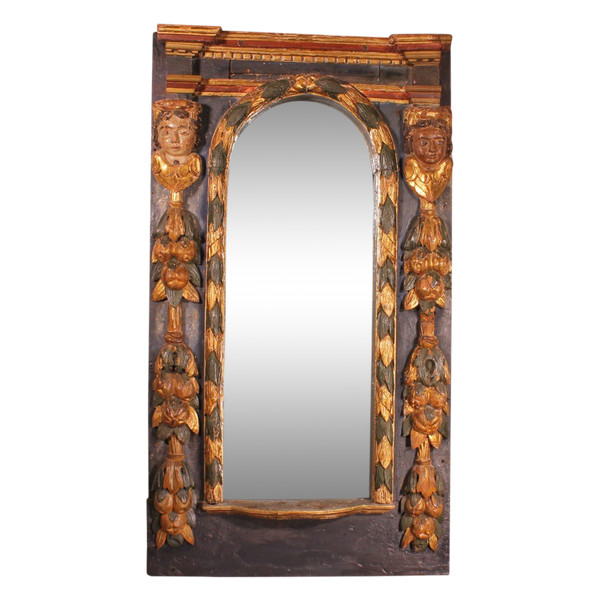 Grand Miroir Espagnole Du 17° Siècle En Bois Polychrome