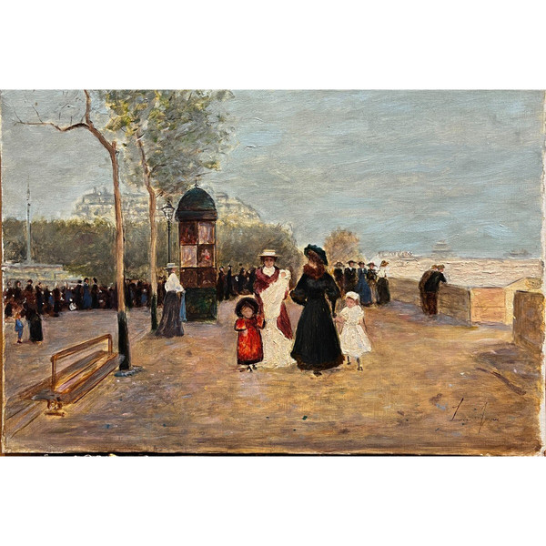 Louis Jouve (1829-1903) - Paris, Place Du Chatelet And Quays Of The Seine - Elegant And Children