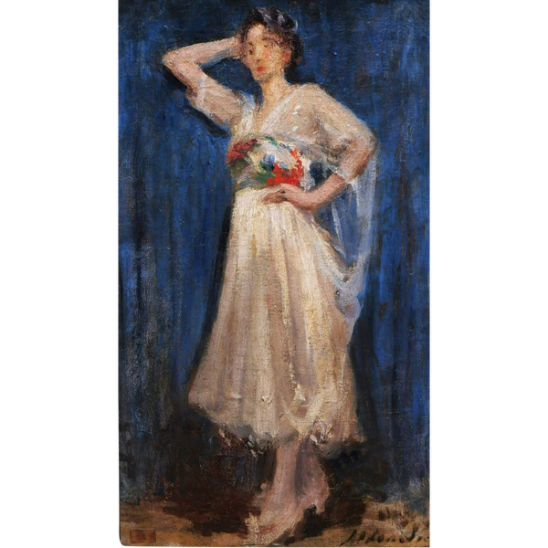 École FRANÇAISE circa 1900, Femme en robe blanche