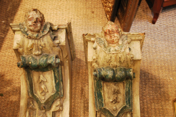 Importante Coppia Di Consolle D Apllique, Testa D'Angelo Luigi XIV