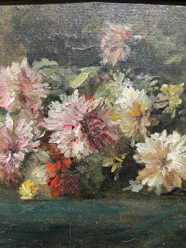 Ecole Française Vers 1880 - Jetée De Dahlias - Olio su carta Monogrammato Md ?