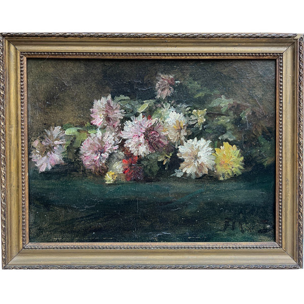 Ecole Française Vers 1880 - Jetée De Dahlias - Olio su carta Monogrammato Md ?