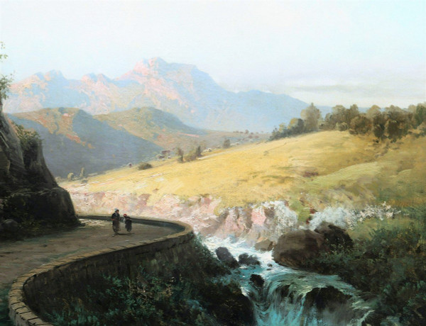Alfred GODCHAUX, Pyrenean landscape with two figures on a path (VERY LARGE FORMAT)