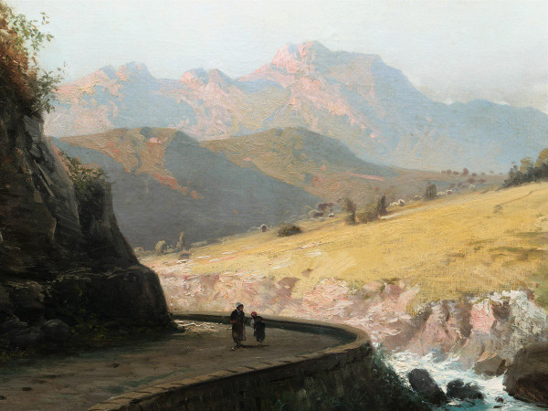 Alfred GODCHAUX, Pyrenean landscape with two figures on a path (VERY LARGE FORMAT)