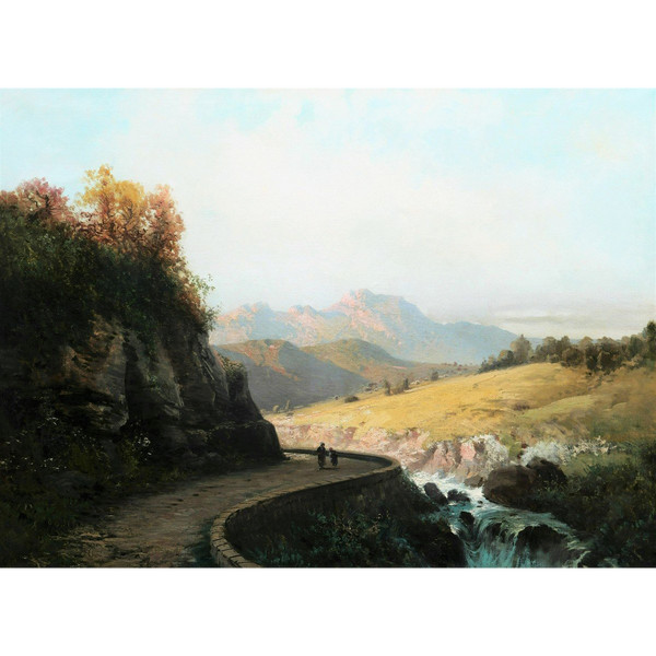 Alfred GODCHAUX, Pyrenean landscape with two figures on a path (VERY LARGE FORMAT)