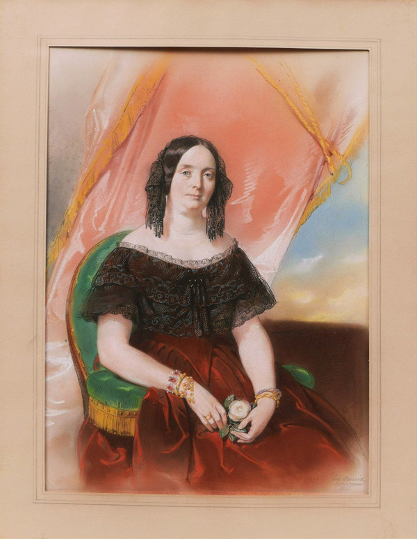Eugène DEVERIA, Portrait de femme tenant une rose