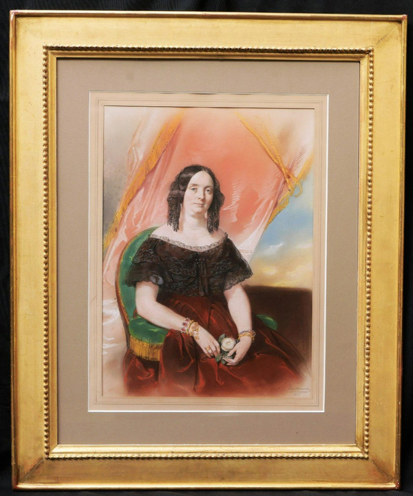 Eugène DEVERIA, Portrait de femme tenant une rose